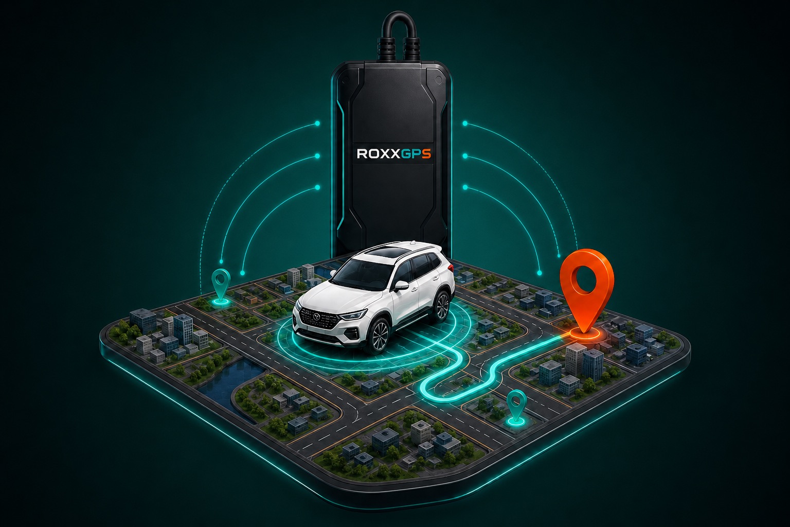 ROXXGPS 4G vehicle GPS tracker showing a car location and route on a map